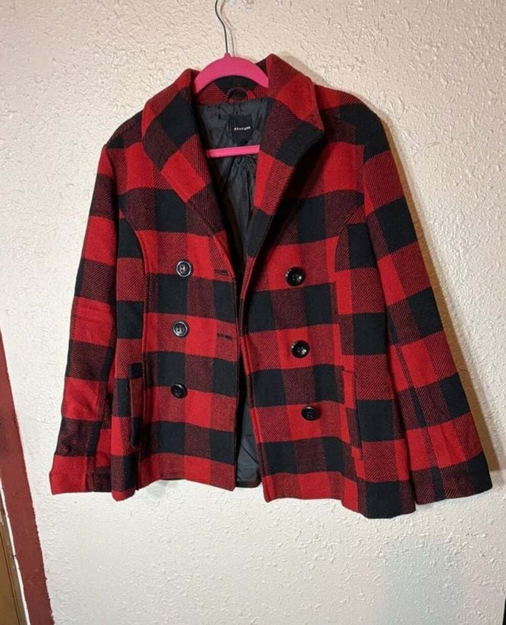 Rampage Buffalo Plaid Pea Coat Size M Red Black